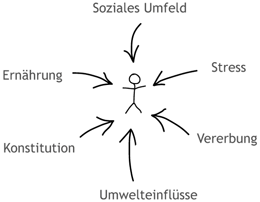 Ein Strichmännchen im Zentrum und darum kreisförmig angeordnet 6 Einflüsse auf den Mensch: Soziales Umfeld, Stress, Vererbung, Umwelteinflüsse, Konstitution und Ernährung.